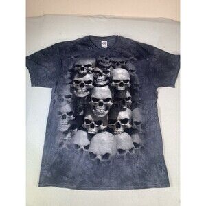 Vintage Y2K Grey Skull T Shirt Large Mens Black Goth Emo Cyber Tribal Grunge aop